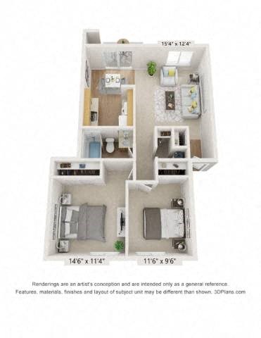 Floor plan for 2 beds, 1 bath, 750 sqft